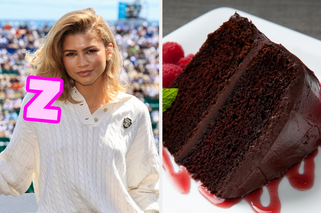 On the left, Zendaya with Z typed next to her, and on the right, a slice of chocolate cake
