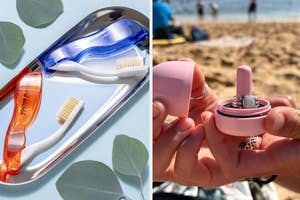 Two images: left shows a foldable travel toothbrush; right shows a ring thing jewelry storage container being used at the beach