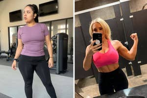 Two women in fitness attire, one in a gym posing for a selfie, the other standing, illustrating different workout outfits