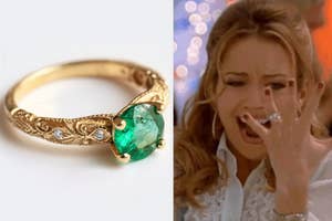 Close-up of an ornate gold ring with a large emerald, next to Hilary Duff looking excitedly at an engagement ring on her finger