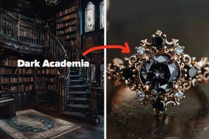 Ornate library interior representing Dark Academia trend; adjacent, vintage-inspired ring with dark jewel centerpiece