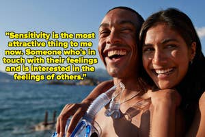 Smiling couple with a quote on sensitivity and attraction, near water