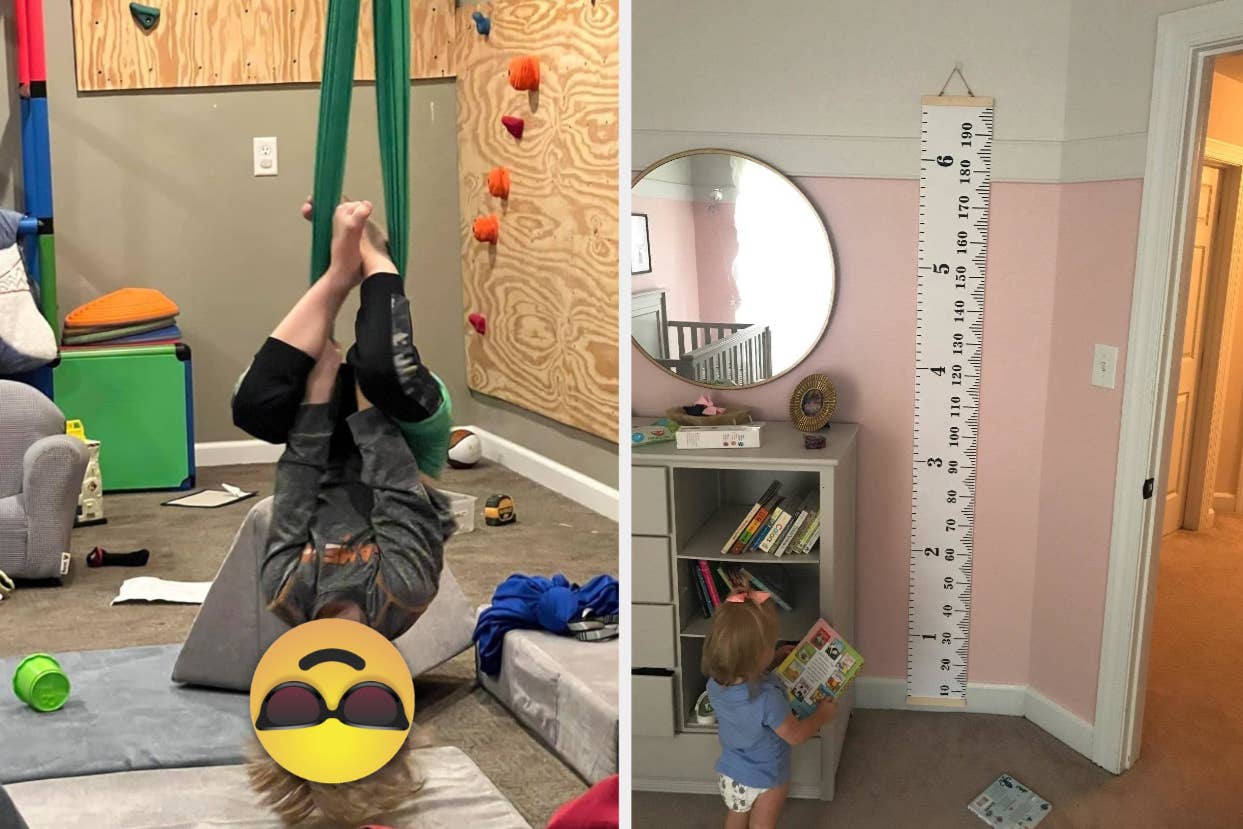 Left: Child hangs upside down from indoor swing. Right: Child measures height against wall ruler