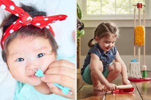 Infant with polka dot headband; young girl with denim outfit playing with cleaning set