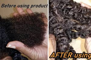 Hair before and after using product, showing transformation from frizzy to defined curls