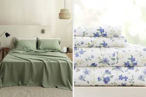 green and floral bed sheets