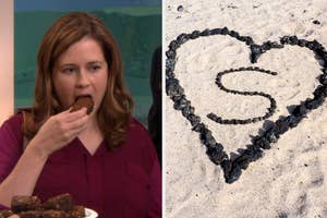 On the left, Pam from The Office eating a brownie, and on the right, a heart made of rocks in the sand with an S made of rocks in the middle of it