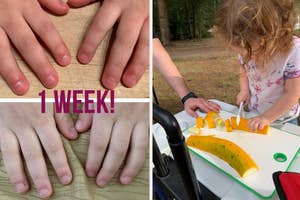 Two-part image: Left shows close-up of adult and child's hands, right displays child cutting fruit on a board outdoors. Text: "1 WEEK!"
