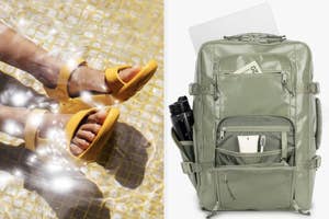 Two images: left shows feet in yellow sandals, right displays an open, organized green backpack with items