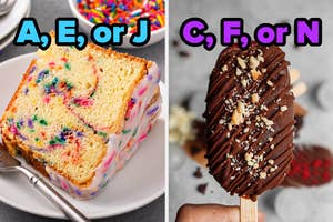 On the left, a slice of Funfetti cake labeled A, E, or J, and on the right, a chocolate dipped ice cream bar labeled C, F, or N