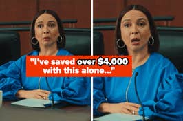 Woman at desk with quote about saving $4,000, suggesting financial advice or a testimonial