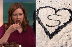On the left, Pam from The Office eating a brownie, and on the right, a heart made of rocks in the sand with an S made of rocks in the middle of it