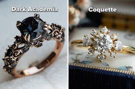 Two rings representing Dark Academia and Coquette styles