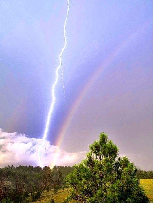 Lightning bolt striking near a rainbow and trees under a stormy sky