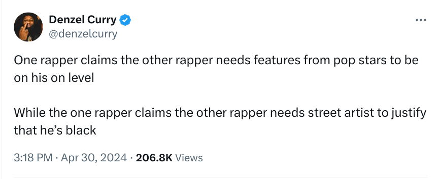 Tweet by Denzel Curry discussing one rapper&#x27;s need for pop star features and another&#x27;s for street artist justification
