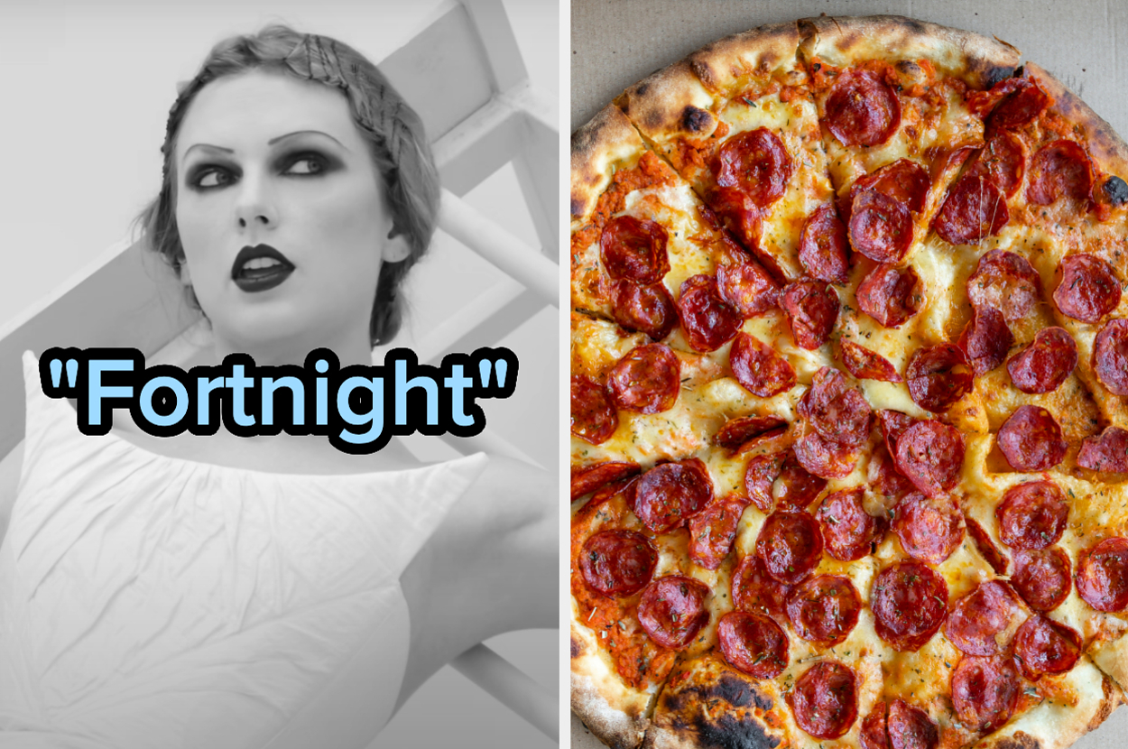 On the left, Taylor Swift in the Fortnight music video, and on the right, a pepperoni pizza
