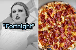 On the left, Taylor Swift in the Fortnight music video, and on the right, a pepperoni pizza