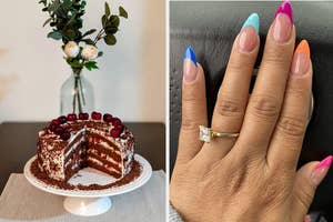 Chocolate cake on a stand next to a vase; hand with multi-colored long nails showcasing a ring