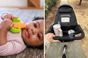 Infant with a teething toy in left, and a stroller with a cup holder and personal items on right