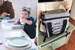 Toddler in a high chair during mealtime next to an insulated leakproof backpack