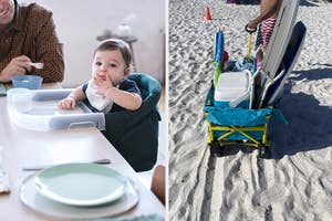 portable child dining set on the left; easy-to-wheel beach wagon on the right