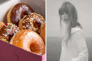 On the left, a box of assorted donuts, and on the right, Taylor Swift near the ocean on the TTPD Albatross album cover