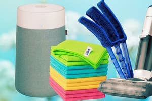 air filter, microfiber cleaning cloths, blinds duster, and vacuum