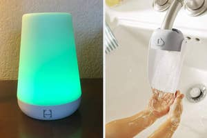 Left: Smart lamp glowing with gradient light. Right: Person washing hands under a tap with a water-saving device attached