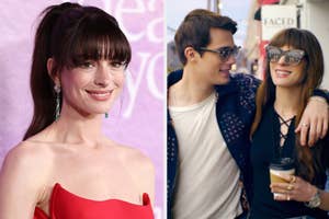 Side-by-side images: Anne Hathaway in a strapless dress on the left, and Anne Hathaway with a male co-star from "The Intern" on the right