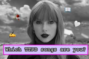 Text reads "Which TTPD songs are you?" with emoji-style images and a portrait of Taylor Swift