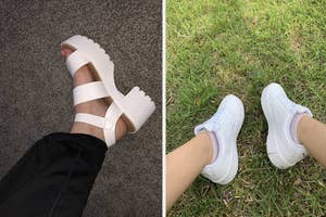 Two images side-by-side; left shows a person's foot in a white platform sandal, right is a pair of white sneakers on grass