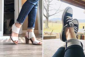 A split image: left shows feet in white heeled sandals; right, feet up in canvas sneakers