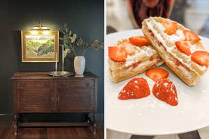 Left: Antique wooden sideboard with a lamp and painting above. Right: Plate with strawberry pastry dessert