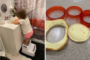 On the left, a child stands on a step stool by the sink. On the right, sliced bagels next to their removed centers