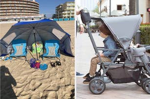 Family beach tent with chairs, alongside a child in a two-seat stroller with ample storage