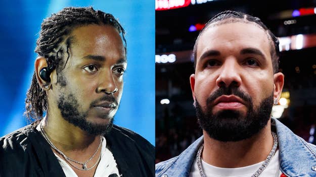 Kendrick Lamar on the left and Drake on the right, both facing forward with serious expressions