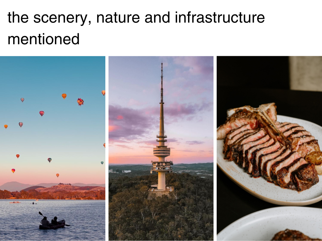 Three separate images: hot air balloons in sky, a tower at dusk, and a plated sliced steak