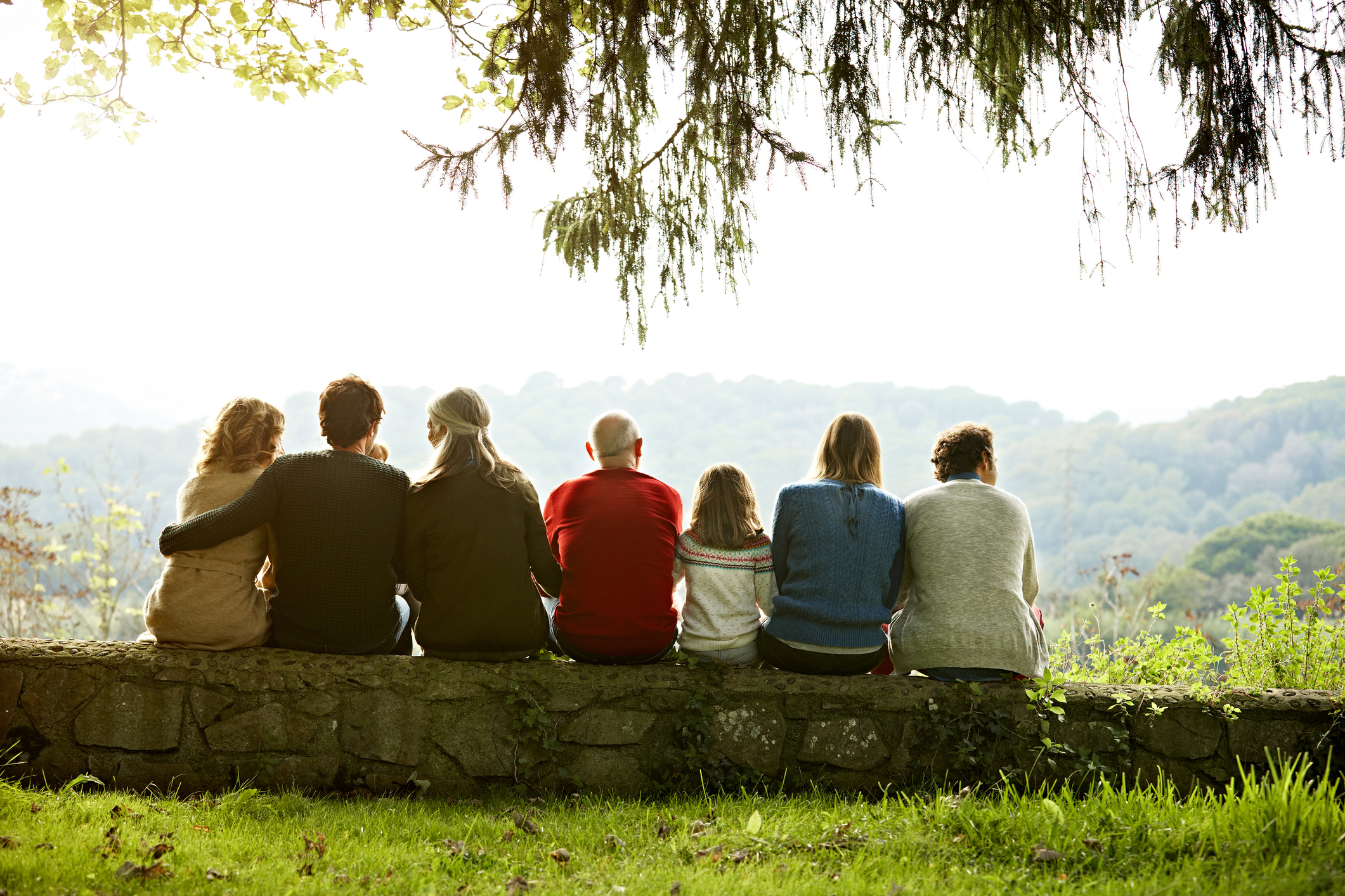 Seven people sitting on a wall, facing a lush landscape, enjoying a serene moment together