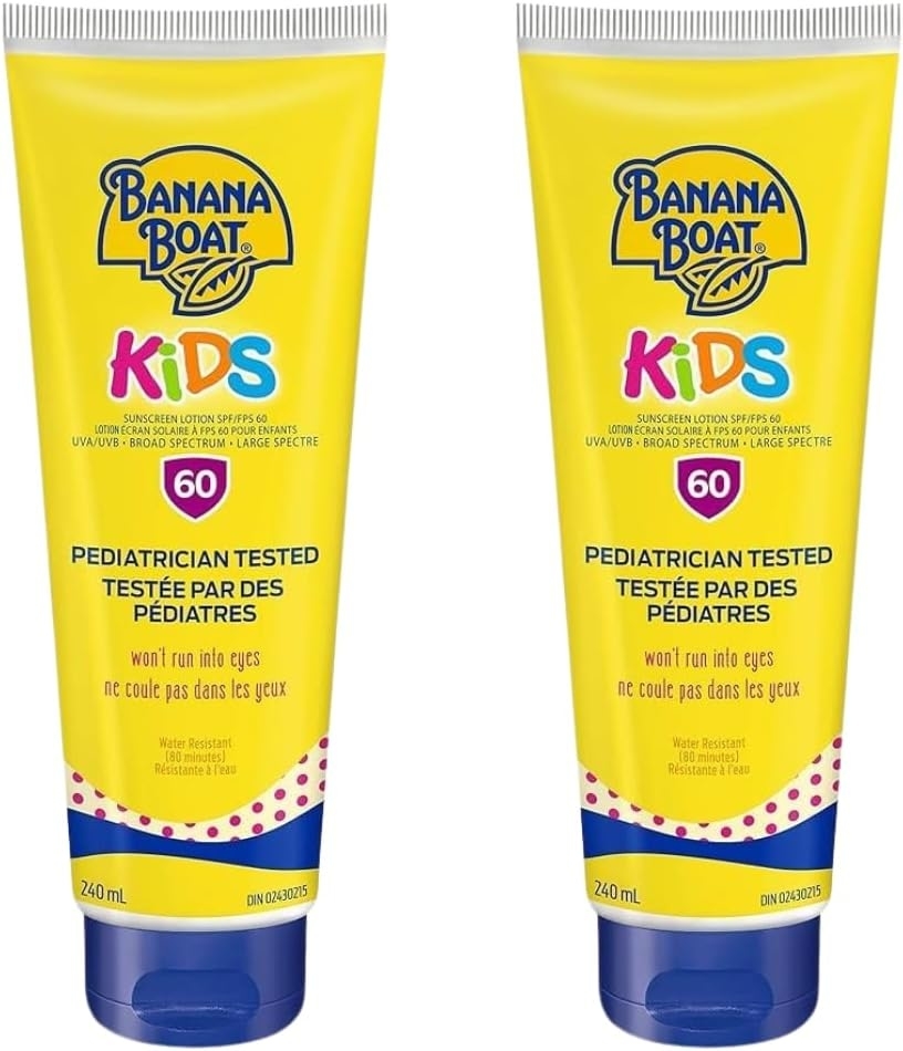 Two Banana Boat Kids sunscreen tubes with SPF 60, pediatrician tested, water-resistant