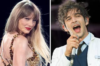 Taylor Swift in a bejeweled outfit; Matty Healy in a white lab coat while performing