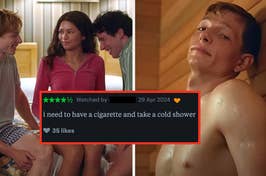 Scene from a TV show with three characters laughing on a bed and an overlaid social media post with a comment about needing a cigarette and a cold shower
