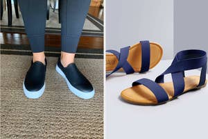 Person wearing slip-on shoes next to an image of strappy sandals