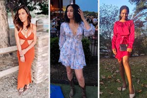 Three women posing in stylish outfits for a fashion-oriented article
