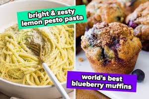 A split image with lemon pasta on the left and blueberry muffins on the right