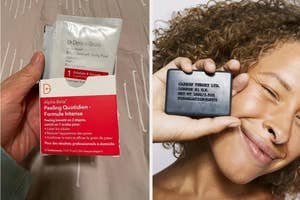 reviewer holding Dr. Dennis Gross skincare daily peel packets, model holding cleansing bar