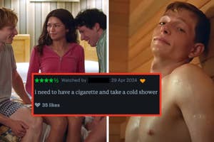 Scene from a TV show with three characters laughing on a bed and an overlaid social media post with a comment about needing a cigarette and a cold shower
