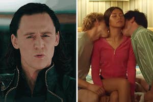 Split image: Left - Loki with a serious expression. Right - Three individuals embrace, likely in a dramatic scene
