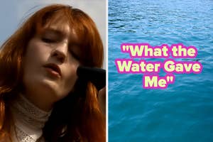 Florence singing into microphone; caption reads "What the Water Gave Me" on water background
