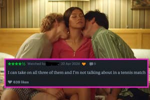 Scene from a TV show with a character in the center and two characters kissing her cheek on each side. User's review below the scene