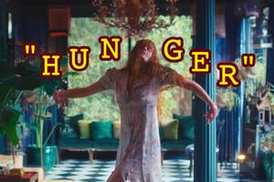 Florence in floral dress dancing indoors, the word "HUNGER" in quotation marks appears above her
